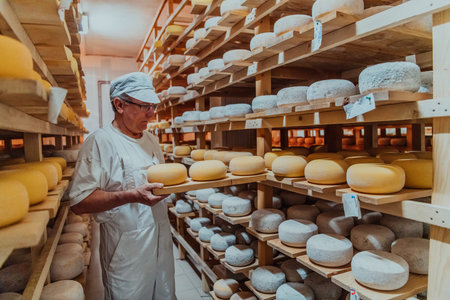 A worker at a cheese factory sorting freshly processed cheese on drying shelvesの写真素材