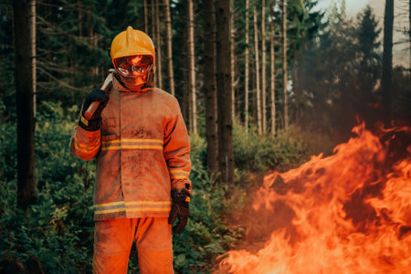 Firefighter at job. Firefighter in dangerous forest areas surrounded by strong fire. Concept of the work of the fire serviceの写真素材