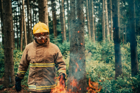 Firefighter at job. Firefighter in dangerous forest areas surrounded by strong fire. Concept of the work of the fire serviceの写真素材