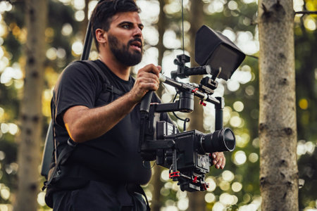 Videographer with Professional Movie Video Camera Gimbal Stabilizing Equipment Taking Action Shoot of Soldiers in Action in Forestの写真素材