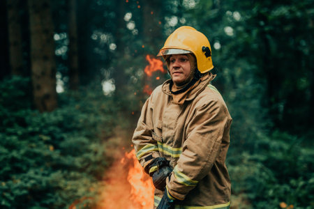 Firefighter at job. Firefighter in dangerous forest areas surrounded by strong fire. Concept of the work of the fire serviceの写真素材