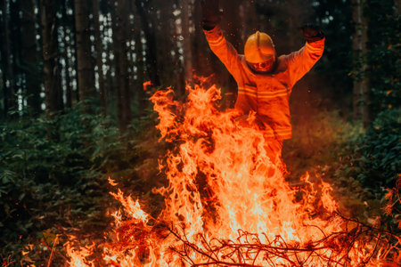 Firefighter at job. Firefighter in dangerous forest areas surrounded by strong fire. Concept of the work of the fire serviceの写真素材