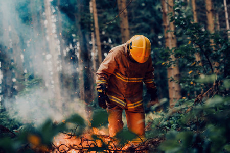 Firefighter at job. Firefighter in dangerous forest areas surrounded by strong fire. Concept of the work of the fire serviceの写真素材