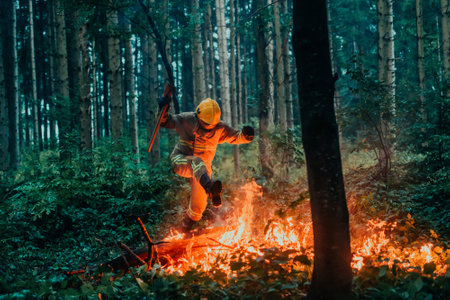firefighter hero in action danger jumping over fire flame to rescue and saveの写真素材