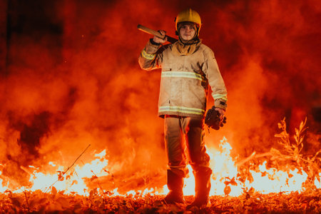 Firefighter at job. Firefighter in dangerous forest areas surrounded by strong fire. Concept of the work of the fire serviceの写真素材