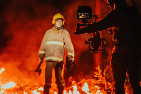 A cameraman with professional equipment and stabilization for the camera recording the firefighter while performing work in a burning forestの写真素材