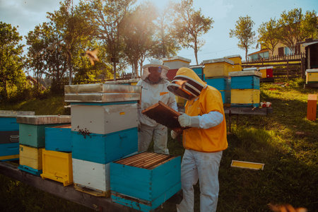 Beekeepers checking honey on the beehive frame in the field. Small business owners on apiary. Natural healthy food produceris working with bees and beehives on the apiary.の写真素材