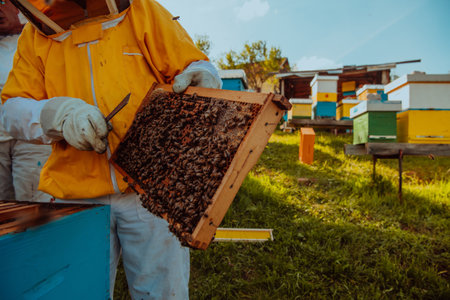 Beekeeper checking honey on the beehive frame in the field. Small business owner on apiary. Natural healthy food produceris working with bees and beehives on the apiary.の写真素材