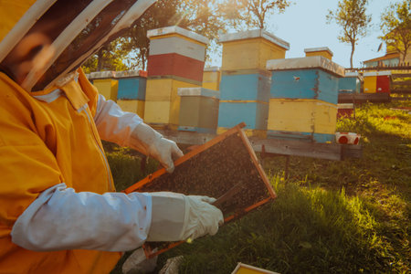 Beekeeper checking honey on the beehive frame in the field. Small business owner on apiary. Natural...