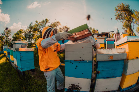 Beekeepers checking honey on the beehive frame in the field. Small business owners on apiary....