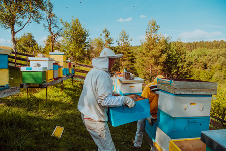 Beekeepers checking honey on the beehive frame in the field. Small business owners on apiary. Natural healthy food produceris working with bees and beehives on the apiary.の写真素材