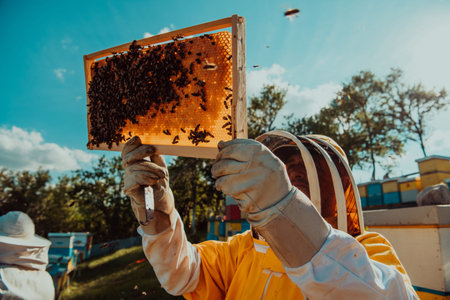 Wide shot of a beekeeper holding the beehive frame filled with honey against the sunlight in the field full of flowersの写真素材