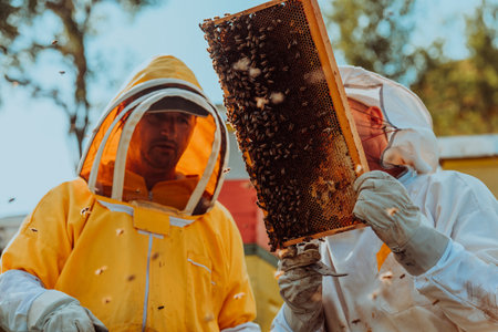 Beekeepers checking honey on the beehive frame in the field. Small business owners on apiary. Natural healthy food produceris working with bees and beehives on the apiary.の写真素材
