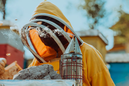 Beekeeper checking honey on the beehive frame in the field. Beekeeper on apiary. Beekeeper is working with bees and beehives on the apiary.の写真素材