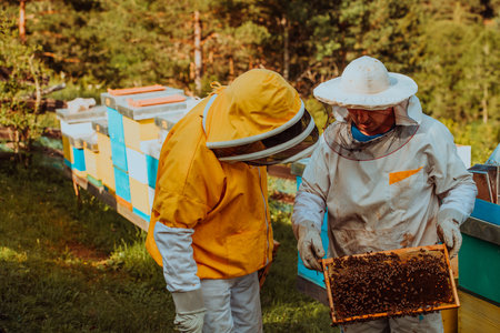 Beekeepers checking honey on the beehive frame in the field. Small business owners on apiary. Natural healthy food produceris working with bees and beehives on the apiary.の写真素材