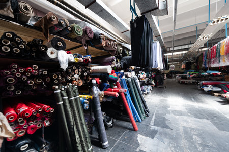 Collection of fashionable fabrics. Samples of different natural fabrics for sewing a fashion collection of clothes. Large selection of fabrics in the store or tailor warehouse.の写真素材