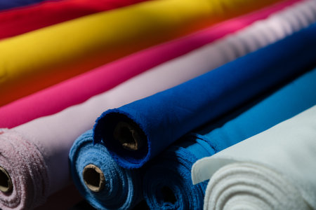 Interior of an industrial warehouse with fabric rolls samples. Small business textile colorful warehouse.の写真素材