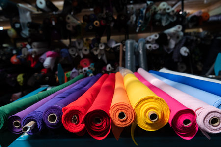 Interior of an industrial warehouse with fabric rolls samples. Small business textile colorful warehouse.の写真素材