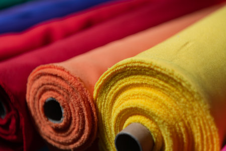 Interior of an industrial warehouse with fabric rolls samples. Small business textile colorful warehouse.の写真素材