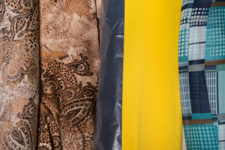 Collection of fashionable fabrics. Samples of different natural fabrics for sewing a fashion collection of clothes. Large selection of fabrics in the store or tailor warehouse.の写真素材