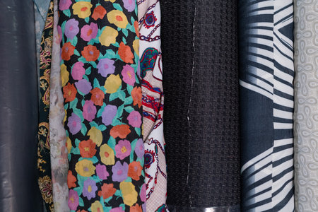 Collection of fashionable fabrics. Samples of different natural fabrics for sewing a fashion...