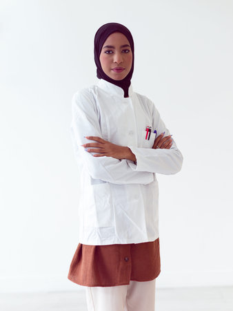 Portrait of muslim female nurse. Authentic Confident Middle Eastern Healthcare Worker. Middle age...