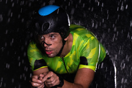 A triathlete braving the rain as he cycles through the night, preparing himself for the upcoming marathon. The blurred raindrops in the foreground and the dark, moody atmosphere in the background add to the sense of determination and grit shown by the athlete.の写真素材