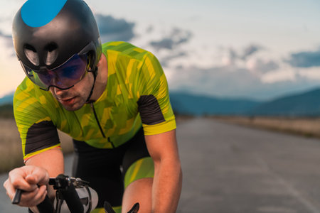 Close up photo of triathlete riding his bicycle during sunset, preparing for a marathon. The warm colors of the sky provide a beautiful backdrop for his determined and focused effort.の写真素材