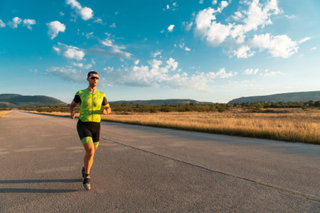 Triathlete in professional gear running early in the morning, preparing for a marathon, dedication to sport and readiness to take on the challenges of a marathon.の写真素材