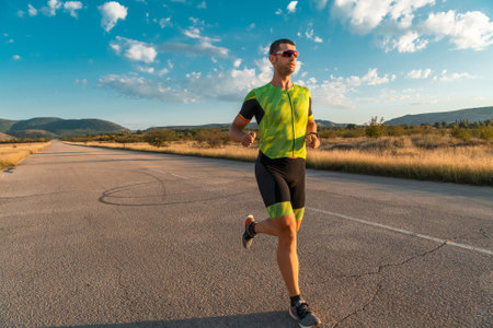 Triathlete in professional gear running early in the morning, preparing for a marathon, dedication to sport and readiness to take on the challenges of a marathon.の写真素材