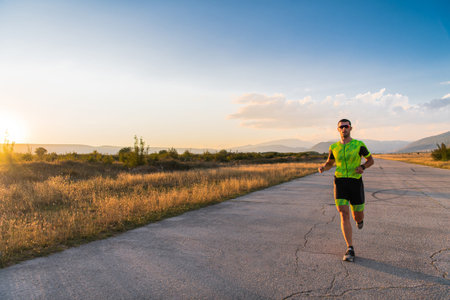 Triathlete in professional gear running early in the morning, preparing for a marathon, dedication...