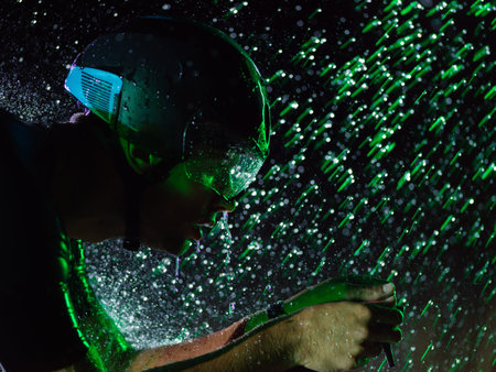A triathlete braving the rain as he cycles through the night, preparing himself for the upcoming...