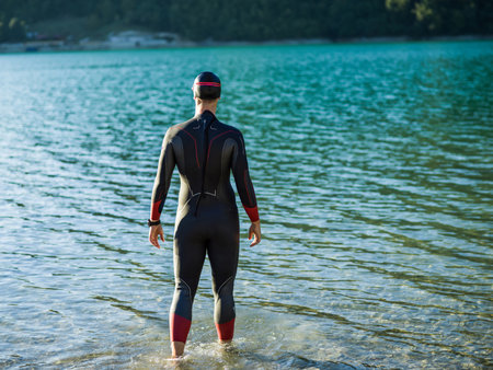 A triathlon swimmer preparing for a river training to gear up for a marathonの写真素材