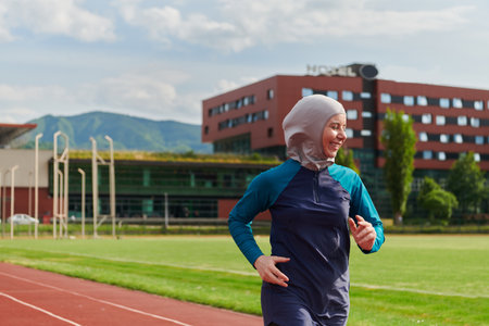 A muslim woman in a burqa sports muslim clothes running on a marathon course and preparing for upcoming competitionsの写真素材