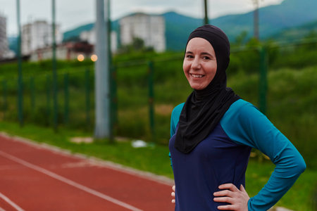 A Muslim woman with a burqa, an Islamic sportswoman resting after a vigorous training session on the marathon course. A hijab woman is preparing for a marathon competitionの写真素材