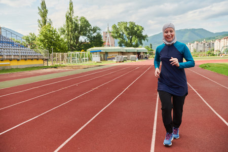 A muslim woman in a burqa sports muslim clothes running on a marathon course and preparing for...