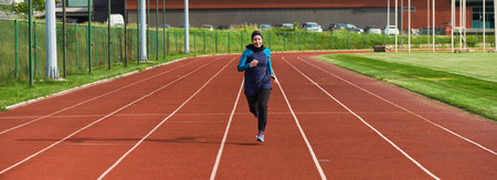 A muslim woman in a burqa sports muslim clothes running on a marathon course and preparing for...