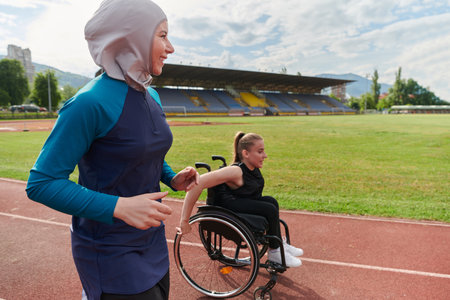 A Muslim woman in a burqa running together with a woman in a wheelchair on the marathon course, preparing for future competitions.の写真素材