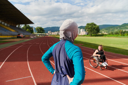 A Muslim woman wearing a burqa resting with a woman with disability after a hard training session on the marathon courseの写真素材