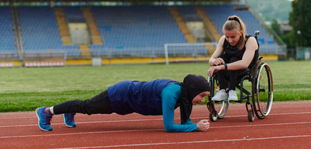 Two strong and inspiring women, one a Muslim wearing a burka and the other in a wheelchair stretching and preparing their bodies for a marathon race on the trackの写真素材