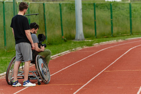 A cameraman filming the participants of the Paralympic race on the marathon courseの写真素材