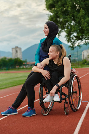 A Muslim woman wearing a burqa resting with a woman with disability after a hard training session on the marathon courseの写真素材