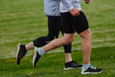 An inspiring and active elderly couple showcase their dedication to fitness as they running together on a lush green field, captured in a close-up shot of their legs in motion.の写真素材