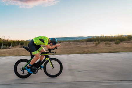 Triathlete riding his bicycle during sunset, preparing for a marathon. The warm colors of the sky provide a beautiful backdrop for his determined and focused effort.の写真素材