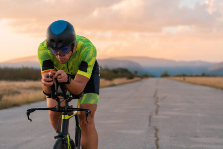 Triathlete riding his bicycle during sunset, preparing for a marathon. The warm colors of the sky provide a beautiful backdrop for his determined and focused effort.の写真素材