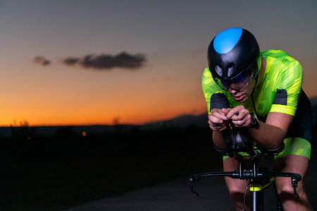 A triathlete rides his bike in the darkness of night, pushing himself to prepare for a marathon. The contrast between the darkness and the light of his bike creates a sense of drama and highlights the athletes determination and perseverance.の写真素材