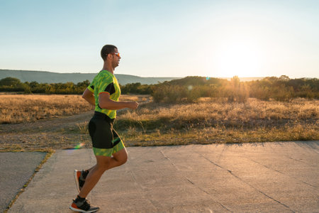 Triathlete in professional gear running early in the morning, preparing for a marathon, dedication to sport and readiness to take on the challenges of a marathon.の写真素材