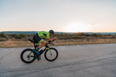 Triathlete riding his bicycle during sunset, preparing for a marathon. The warm colors of the sky provide a beautiful backdrop for his determined and focused effort.の写真素材
