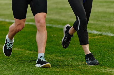 An inspiring and active elderly couple showcase their dedication to fitness as they running together on a lush green field, captured in a close-up shot of their legs in motion.の写真素材