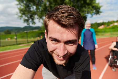 A portrait of a man with a Muslim woman and a woman in a wheelchair running on a marathon track in the backgroundの写真素材